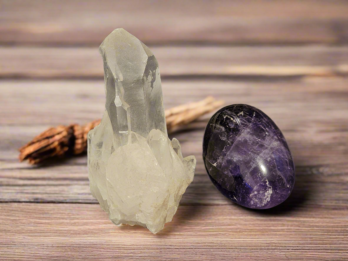 Tumbled Amethyst with Raw Quartz cluster